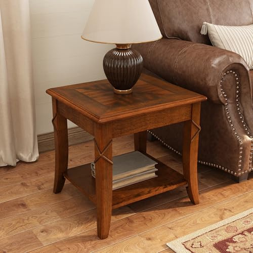 PADMA HOUSE Solid Wood End Table with Shelf, Vintage Rectangle Sofa Side Table with Dual Hourglass Tabletop, Apartment Telephone Table with Curved Legs for Living Room, 19.7 * 17.7 * 19.7in