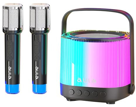 Machine de Karaoké pour Enfants, Haut-Parleur de Karaoké Bluetooth Portable avec 2 Microphones sans Fil et Lumières LED pour Enfants Adultes Cadeau d'anniversaire Maison Fournitures de Fête (Noir)