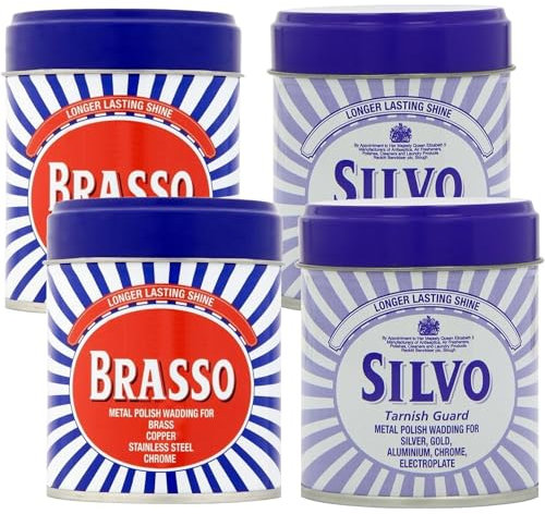 Brasso Wadding x 2 & Silvo Wadding x 2 Metal Polish For Brass, Copper, Stainless Steel, Chrome & Silver 75g