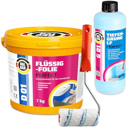 Dichtset Flüssigfolie Profi 7kg, Flüssiggummi für Innen, Wassersperre unter Fliesen, Bad, Dusche, Abdichtung, Tiefengrund 1L, Farbroller H409