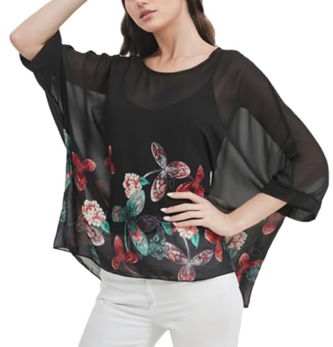 CuteSwan Chemisier d'été imprimé bohème en mousseline pour femme avec col en V lâche - Tunique décontractée pour leggings - T-shirts, Taille unique