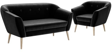 MEBLINI Mini Sofa Set 2-1 für Wohnzimmer - Mini Lounge für DREI Personen - Küchensofa - Sofa Klein - Sitzgarnitur - Polstergarnitur - Sofagarnituren - Doris - 2+1 - Schwarz Samt
