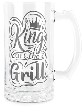 Purely Home King of the Grill Glass Stein - BBQ Fathers Day Beer Glass Gift/Present - 450ml Drinking Cup/Tankard with Handle Gifts for Him