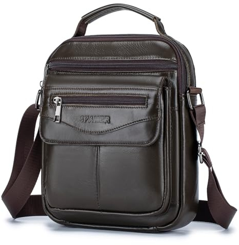 SPAHER Stor Herr Läderväska Handväska Axelväska Företag Kurirväska Cross Body Casual Sling Arrangör Reseväska För plånboksfodral med Topphandtag och Justerbar Rem Kaffebrun