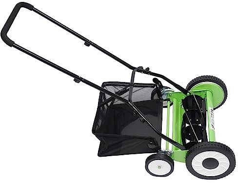 16-Inch 5-Blade Cordless Manual Reel Lawn Mower, Adjustable Cutting/Handle Height Grass Cutter with Grass Catcher, Green