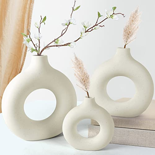 Doughnut Vase for Pampas Grass, Large Ceramic Vases, Matt Ring Vase for Nordic Modern Decoration, Beige Boho Round Vases Suitable for Dining Table Coffee Table Decorate Office Home (Beige, S M L)
