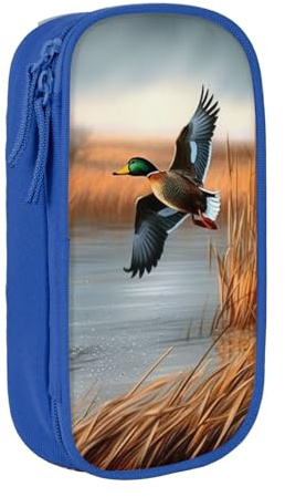 KCGSDEGV Schwarzes Federmäppchen mit Jagd-fliegender Wild-Ente 1 bedruckt, großes Fassungsvermögen, niedliches Federmäppchen, Schreibwaren-Organizer, Box für Schule, Mädchen, Jungen, blau,