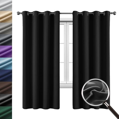 WUXXIANG Gardinen Blickdichte Vorhänge 140 x 80 cm Elegant Glatt Einfarbig Flauschig, Gardinenschals mit Schlaufen, mit Raffhalter für Schlafzimmer Wohnzimmer, Schwarz