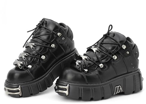 Kluolandi Botas góticas con plataforma de metal para mujer, estilo punk, con cordones, botas de combate góticas negras, botas de motociclista, Negro -, 42 EU