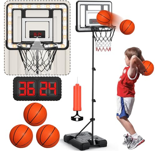 Kids Indoor Basketball Hoop with Scoreboard & Timer,Toddler Adjustable Height Basketball Goal Toy for Outdoor Backyard,Sports Game Play (Stand & Door)