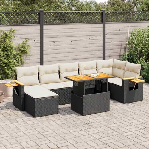 UJCHVHN Home Garden, 8-teiliges Gartensofa-Set mit Kissen, Polyrattan, Akazie, Schwarz