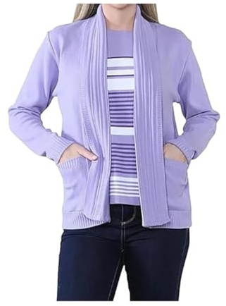 Ladies Twin Set Stripped Knitted Cardigan Classic Sweater Womens Long Sleeve Open Front Knit Stripe Jumper Casual Wear Top Winter Wear Fancy Party Wear Stripes Cardigan Plus Size S-XL Lilac