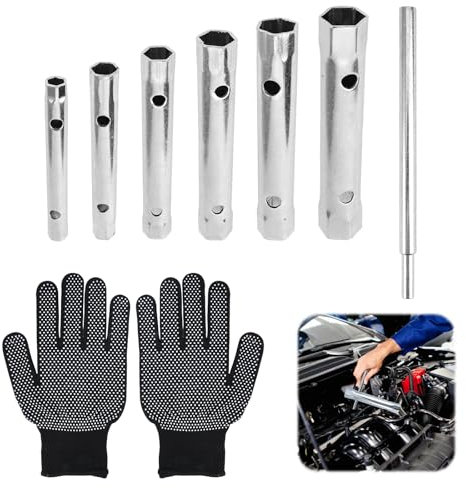 Rohrsteckschlüsselsatz mit Handschuhen 7-tlg, Größen 8-19mm Sechskant-Steckschlüssel Set Spüle Montage-Satz, Set Rohrsteckschlüssel-Satz für Zündkerzen, Spüle Renovierung und Einbau, Wartung