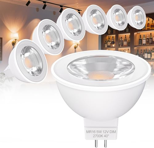Noobibaba MR16 LED Bulb Dimmable, MR16 LED Bulb 2700K Dimmable 5W Warm White 12V 45W Halogen Lights Equivalent, Low Voltage Spotlight Gu5.3 Bulbs 40° Beam Angle 6-Pack