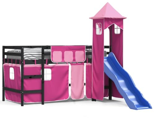 Eleganz Kinderhochbett mit Turm Rosa 80x200 cm | Massivholz Kiefer | Stabiles Spielbett mit Rutsche & Schreibtisch | Perfekt für Kinderzimmer & kleine Räume
