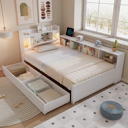 RIAZOS Kinderbett 90x200 cm, Einzelbett mit Stauschrank, Stauraumbett mit Schubladen, Kopfteil mit Nachttischlampe und USB-Ladefunktion, Jugendbett Erwachsenenbett, Weiß, ohne Matratze