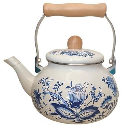 Hervidor clásico esmaltado para cocina, tetera vintage de 2,5 l con asa plegable de madera, apto para cocinas de inducción a gas.