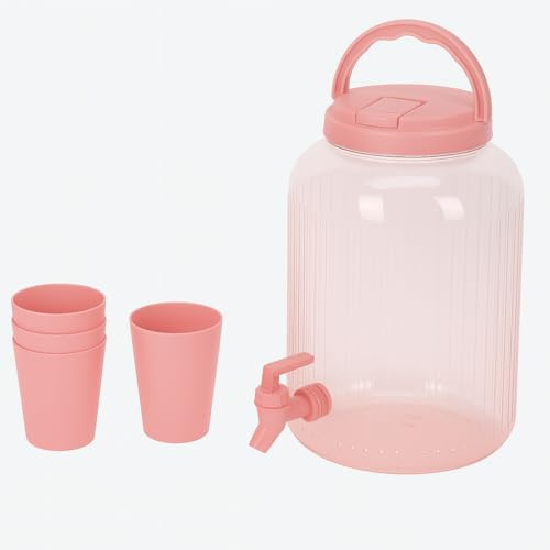 3.75 Litre Plastic Drinks Dispenser with Tap, Lid & Handle – Includes 4 Cups – Ideal for Water, Juice, Punch & Cocktails (Pink)