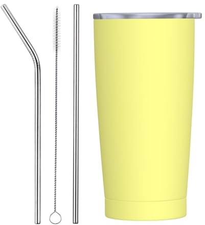 Vaso con estampado amarillo claro con tapa y popote, vasos aislados de acero inoxidable de 20 onzas, taza de café personalizada, botella de agua