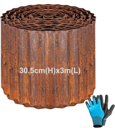 Rasenkante Metall 3.0m, 30.5cm Hoch Beeteinfassung Metall mit Rostoptik, Rasenkanten Cortenstahl, Flexible Rasenkante Beeteinfassung Rost zur Eingrenzung von Blumenbeeten, Gartenwegen,Bäumen - Wellen