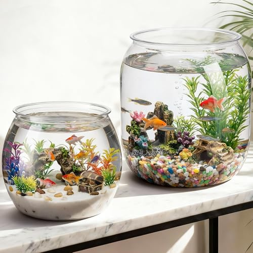 Cosblank 2 Pcs 4 Gallon & 1 Gallon Plastic Fish Bowl Large Round Clear Betta Aquarium Fish Tank Shatterproof Goldfish Bowl Hydroponic Planter Multi-use Container for Terrarium Flower Vase Centerpiece