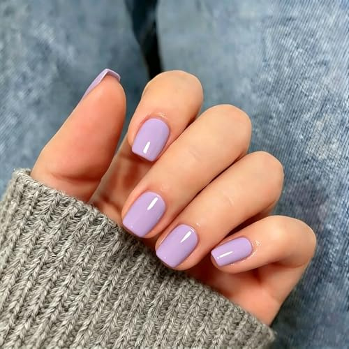 KQueenest Press On Nails Short Square, 30 Pcs 15 Sizes Lilac False Nails Short, Reusable Thick Fake Nails Press ons, Natural Light Purple Stick on Nails for Women Everyday Elegance