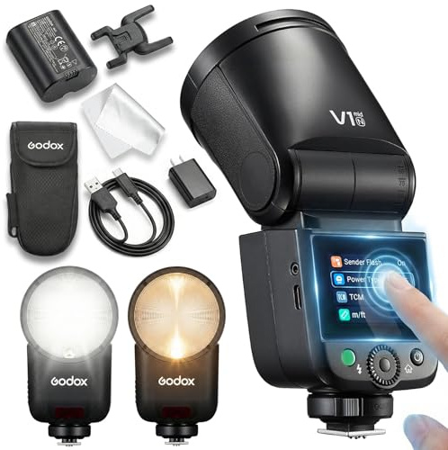 Godox V1 mid N TTL kamerablixt med runt blixthuvud för Nikon, trådlös 2,4G-speedlite med 2″ pekskärm, 1,7s återuppladdningstid & upp till 650 fullstyrkeblixtar, HSS 1/8000s, 2W modelleringslampa