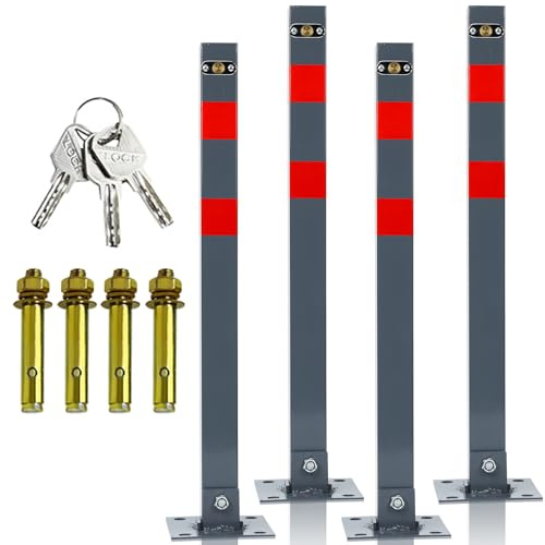 Peviasot Parkeringsspärr, vikbar, manuell avstängningsstolpe, parkeringsplatsstolpe, ppoller med 12 nycklar och 16 expansionsskruvar, stålspärrstolpar med reflexremsor