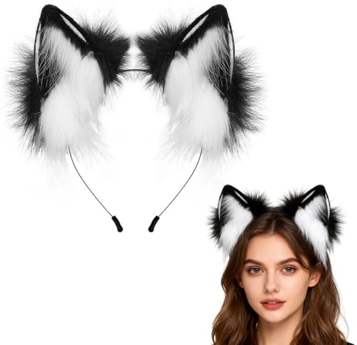 Shalwinn Kunstfell Fuchs Wolf Ohren Haarreif Handgefertigtes Pelzige Fuchsohren Katzenohren Stirnband Kopfbedeckung für Frauen Männer Halloween Cosplay Kostüm Party Zubehör