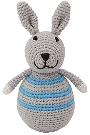 Sindibaba – Stehaufmännchen HASE Bobby (blau, 16 cm) für Babys ab 0 Monaten – Motorikspielzeug mit Wackel-und Klingeleffekt – weich & gefüttert – handgefertigt & gehäkelt