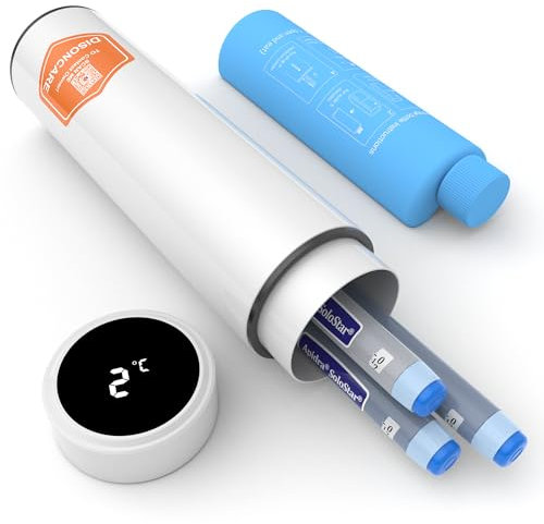 DISONCARE Nevera Portatil Insulina Viaje con Temp-display,Bolsa Isotermica Para Transporte Medicamentos Para Diabetes,Enfriamiento 60H Temperatura Medible-Con 2 Botellas y Alerta MéDica(Blanco)