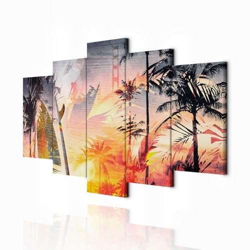 decomonkey Bilder Sommer 225x112.5 cm 5 Teilig Leinwandbilder Bild auf Leinwand Wandbild Kunstdruck Wanddeko Wand Wohnzimmer Wanddekoration Deko Palmen Abstrakt Hawaii