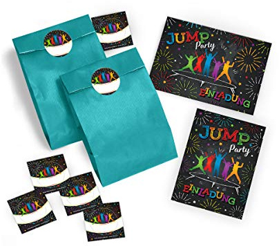 JuNa-Experten 10 Einladungskarten Kindergeburtstag Jump Trampolin Mädchen incl. 10 Umschläge, 10 Tüten/blau, 10 Aufkleber