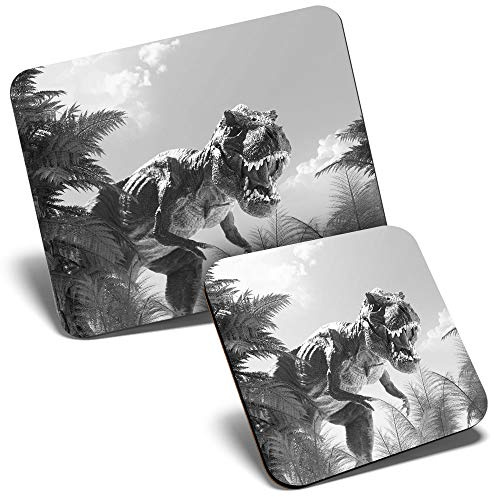 Mouse Mat & Coaster Set - BW - Tyrannosaurus Rex Dinosaur T-Rex 23.5 x 19.6 cm & 9 x 9 cm for Computer & Laptop, Office, Gift, Non-slip Base #36108