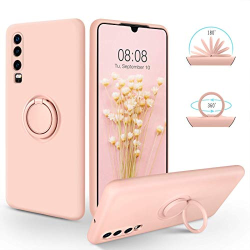 SouliGo Huawei P30 Hülle, Huawei P30 Handyhülle Silikon Gel Slim Case Cover mit 360 Grad Ring Halter Ständer stabil Kratzfest Hülle für Huawei P30 Rosa Pink