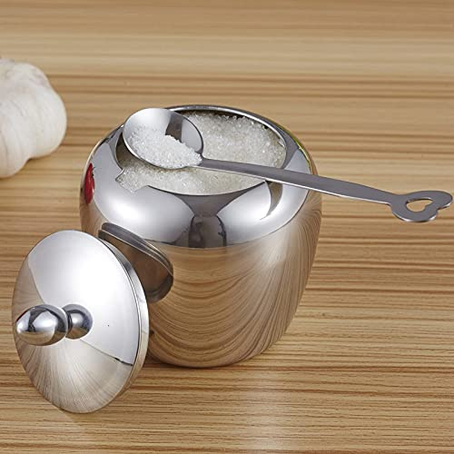BORDSTRACT Azucarero pequeño en forma de manzana de acero inoxidable 304, salero y pimentero con tapa, y cuchara de azúcar en forma de corazón, ideal para cocina y hogar