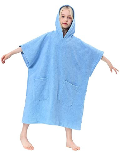 TOMEEK Hooded Towel for Kids Microfibre Kids Surf Poncho Towels Changing Robe Towel with Pocket Boys Girls Beach Poncho for Swimming,Surfing,Bathing(Blue)