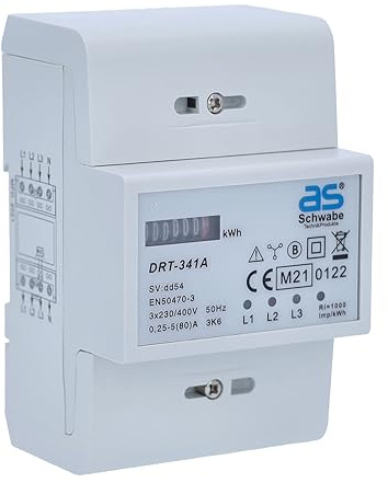 as - Schwabe Stromzähler - Hutschienen Wechselstromzähler - MID konform | Reiheneinbaugerät - 400V - 3-phasig - DRT-341A - 3x230/400V 0.25-5A, (max. 80A) - Rollenzählwerk - 6+1 stellig analog, 62512