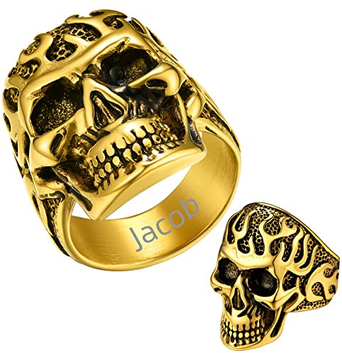 GoldChic 316L Edelstahl Personalisierter Flamme Totenkopf Ring 18K Vergoldet Biker Ring Herren Skull Siegelring Männer Punk Schädel Statement Fingerring Ringgröße 67.2（21.4） für Männer Junge Frauen