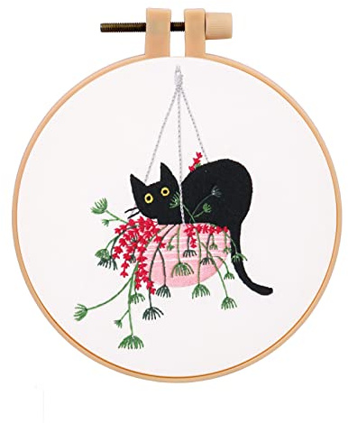 JSRQT Set da Ricamo per Principiant,Kit di Ricamo Starter con Motivo Gatto,Set per Ricamo Punto Croce Embroidery Starter Cucire Accessori