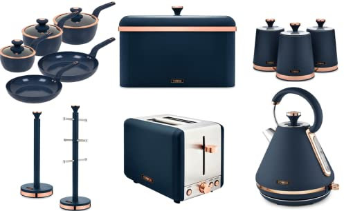 Tower Cavaletto Ultimate Kitchen Set in Midnight Blue & Rose Gold with Pyramid Kettle, 2 Slice Toaster, Bread Bin, 3 Tea, Coffee & Sugar Canisters, 6 Cup Mug Tree, Towel Pole & 5 Piece Pan Set