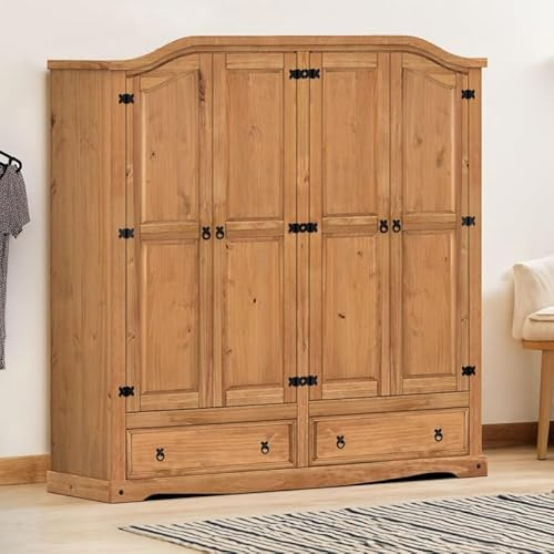 Corona 4 Door 2 Drawer Wardrobe Solid Wood Pine Wooden Storage Bedroom Furniture Large Robe Mexican Style 190cm High 191cm Wide 51cm Deep
