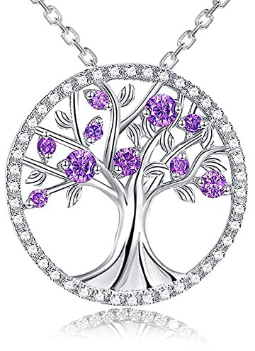 JUZICHEN Colgante Arbol de La Vida Plata 925, Collar Árbol de La Vida Colgante Verde, Regalos para Mama, Mujer, Madre, Con Caja de Regalo (Morado)
