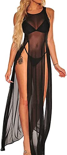 Najiny Sexy durchsichtiges Netzkleid mit hohem Schlitz, langes Kleid als Bikini-Überwurf zum Abdecken von Bikini-Oberteilen, Fischnetz-Strandmode-Badeanzug als Strandkleid für Damen, Schwarz , One