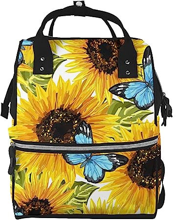 Sonnenblumen Blau Schmetterlinge Muster Windel Tasche Windel Rucksack für Frauen Männer Mode Reisetaschen Casual Daypacks Rucksack, mehrfarbig, One size