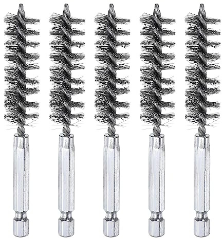 sourcing map 5Pcs 304 Stainless Steel Bore Brush 15mm Dia 4 Long Cleaning Twisted Wire Brush with Handle 1/4 Hex Shank for Tubes, Ports, Bearings