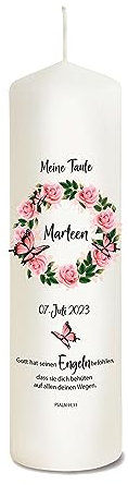 Liamoria® Taufkerze Blumenkranz Schmetterlinge personalisiert - 25 x 8 cm Modell Marleen - Einzigartiges Geschenk zur Taufe