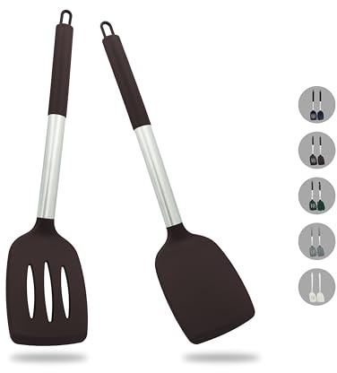 ZAIGON 2er Set Robuste, Antihaftbeschichtete Silikon Pfannenwender - Hitzebeständig und BPA-frei - Ideales Kochutensil für Fisch, Eier und Pfannkuchen (Schokoladenbraun)