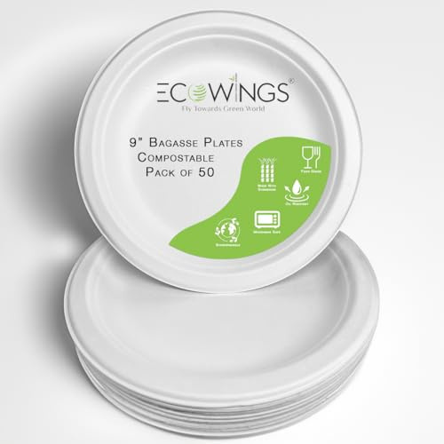 ECOWINGS 9 inch Biodegradable Plates, Eco-Friendly and Compostable - Better Than Paper or Plastic Plates - (Pack of 50) - Excellent Choice for BBQ, Birthday Parties and Other Events!