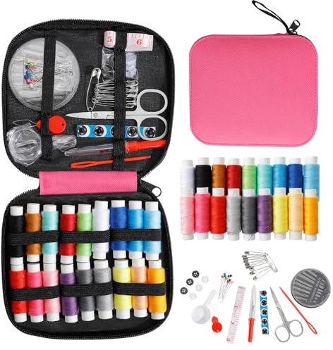 JUNING Nähset mit Nähzubehör,Spulen Faden, Großformat Premium Näh, komplettes Nähzeug für Anfänger,Reisende, Verwandte und Freunde, Rosa